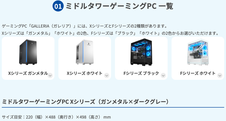 ミドルタワーのGALLERIAとケースサイズ